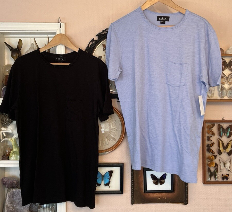 Nwt Velvet by Graham & Spencer Chad $70 Raw Edge Slub Pocket Tee Men Black Blue