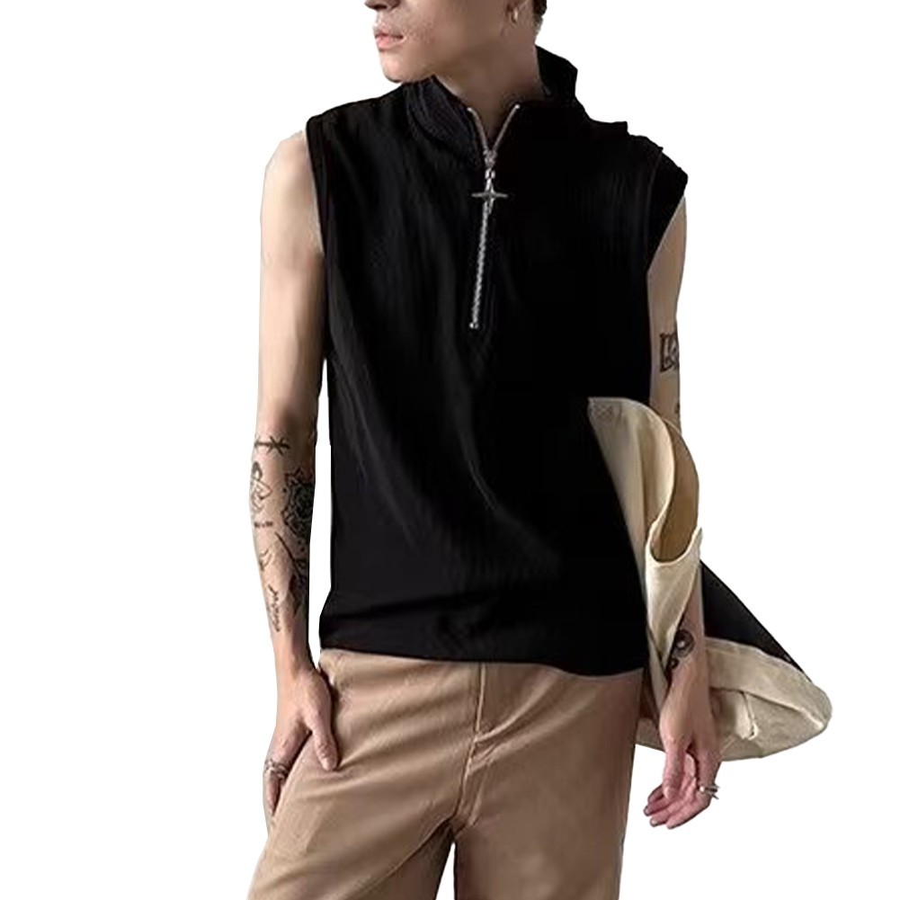 Retro Punk Zipper Tank Top for Men Stylish Sleeveless Vest with Stand Collar