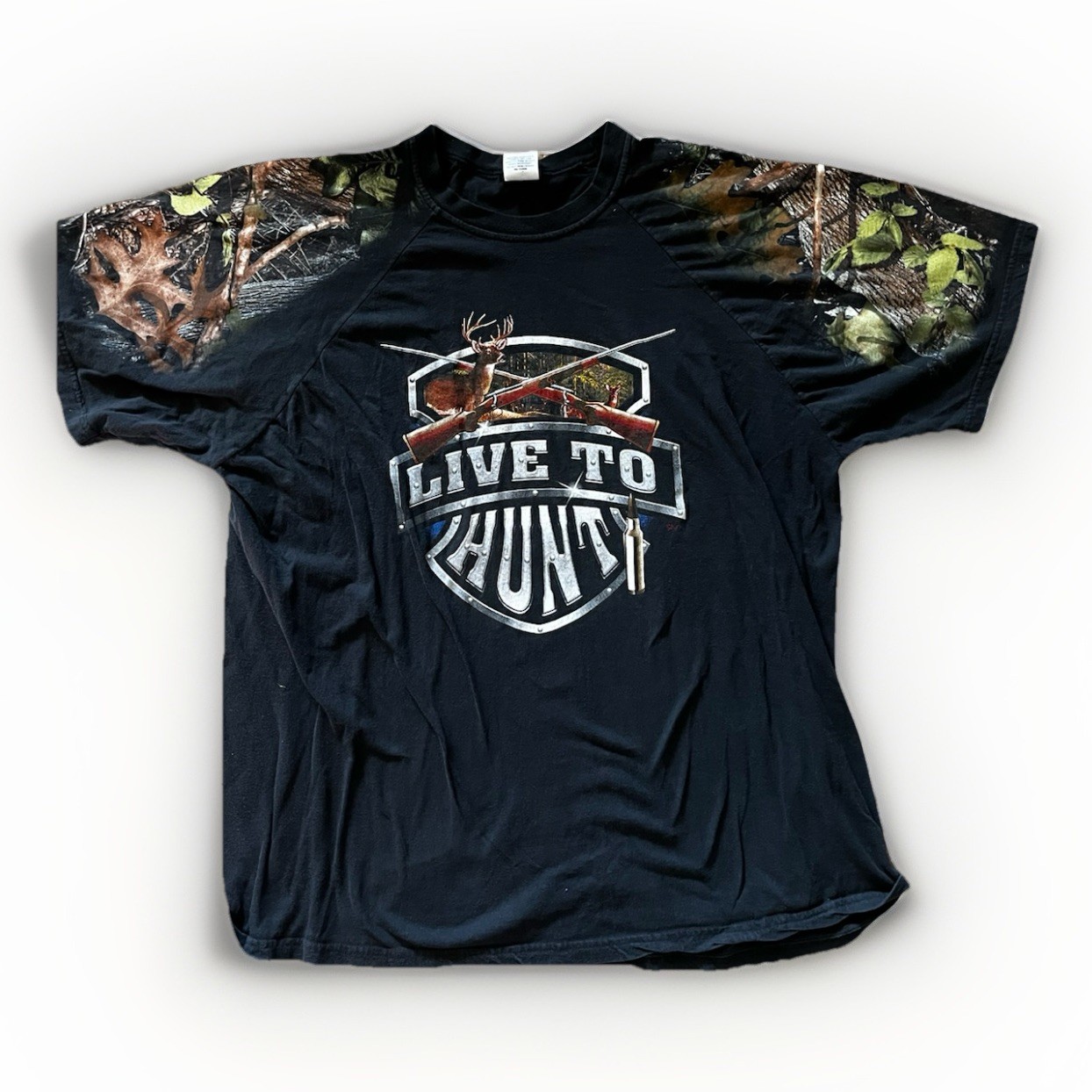 Live To Hunt Hunting Deer Graphic Tee Shirt XXL Black Camo Sleeves USA Made