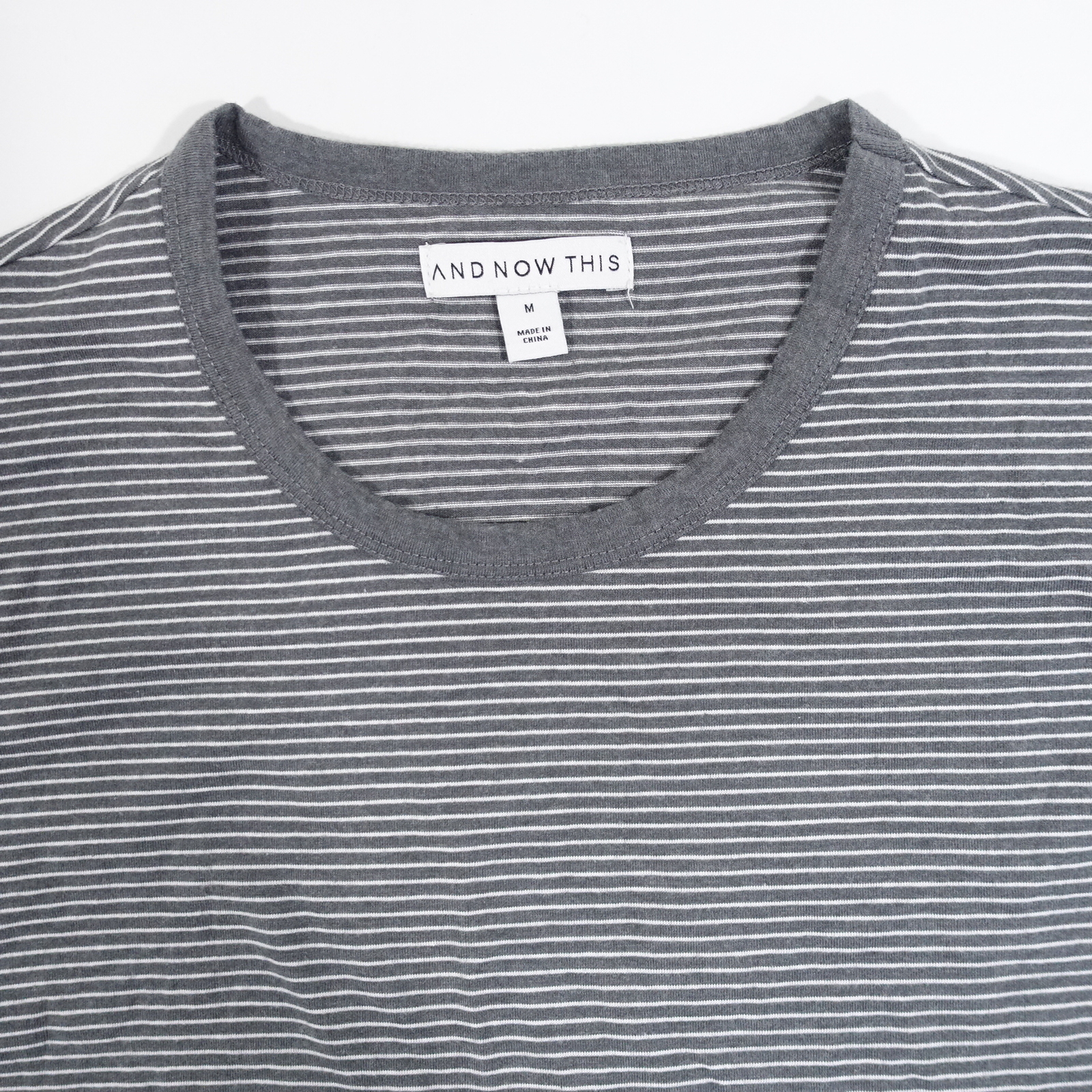 AND NOW THIS STRIPED GRAY MEDIUM TSHIRT MENS DEFECT