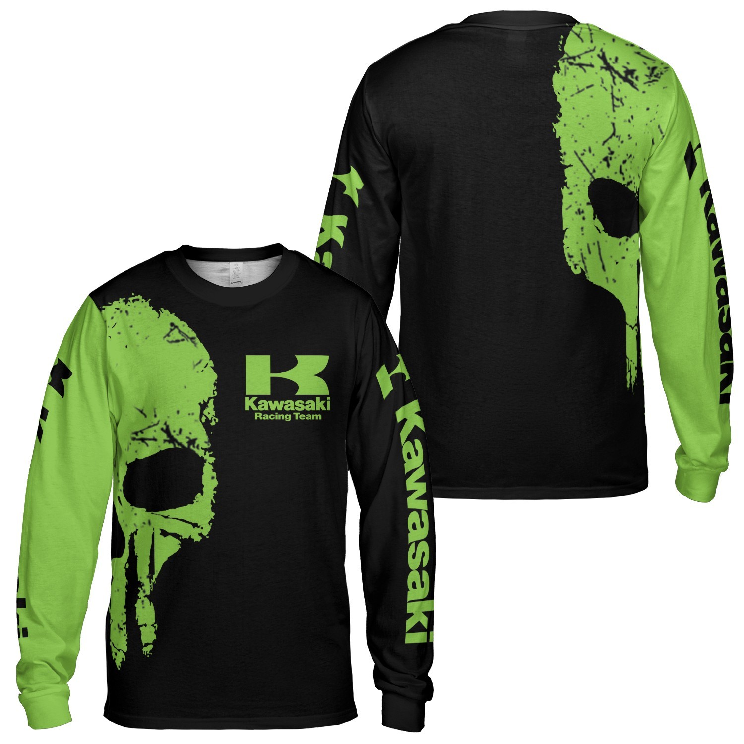 Kawasaki Racing Team Men&rsquo;s Long Sleeve Shirt – 3D Green Skull Graphic Biker Tee