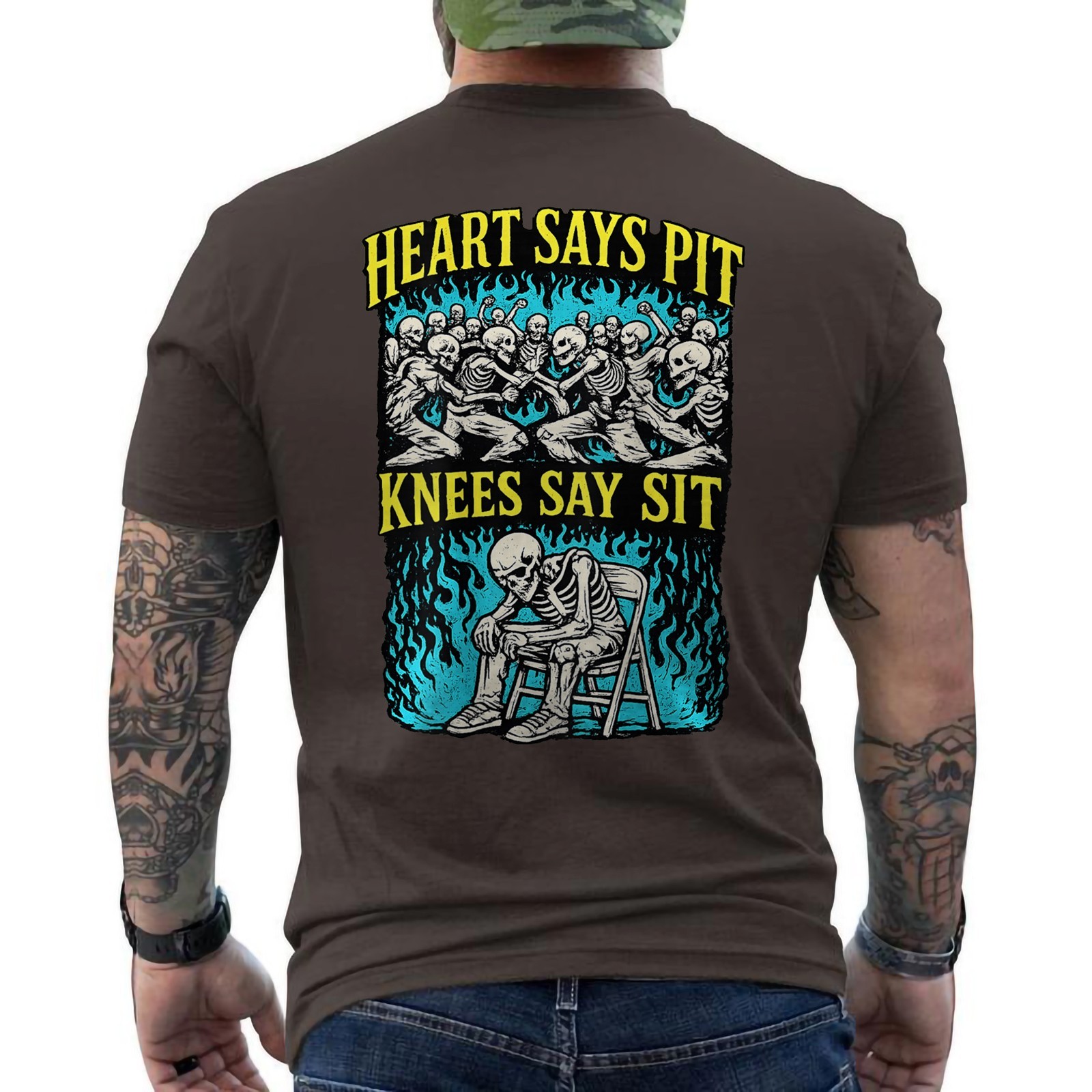 Heart Says Pit Knees Say Sit Funny Skeleton Gym And Concert ON BACK T-Shirt