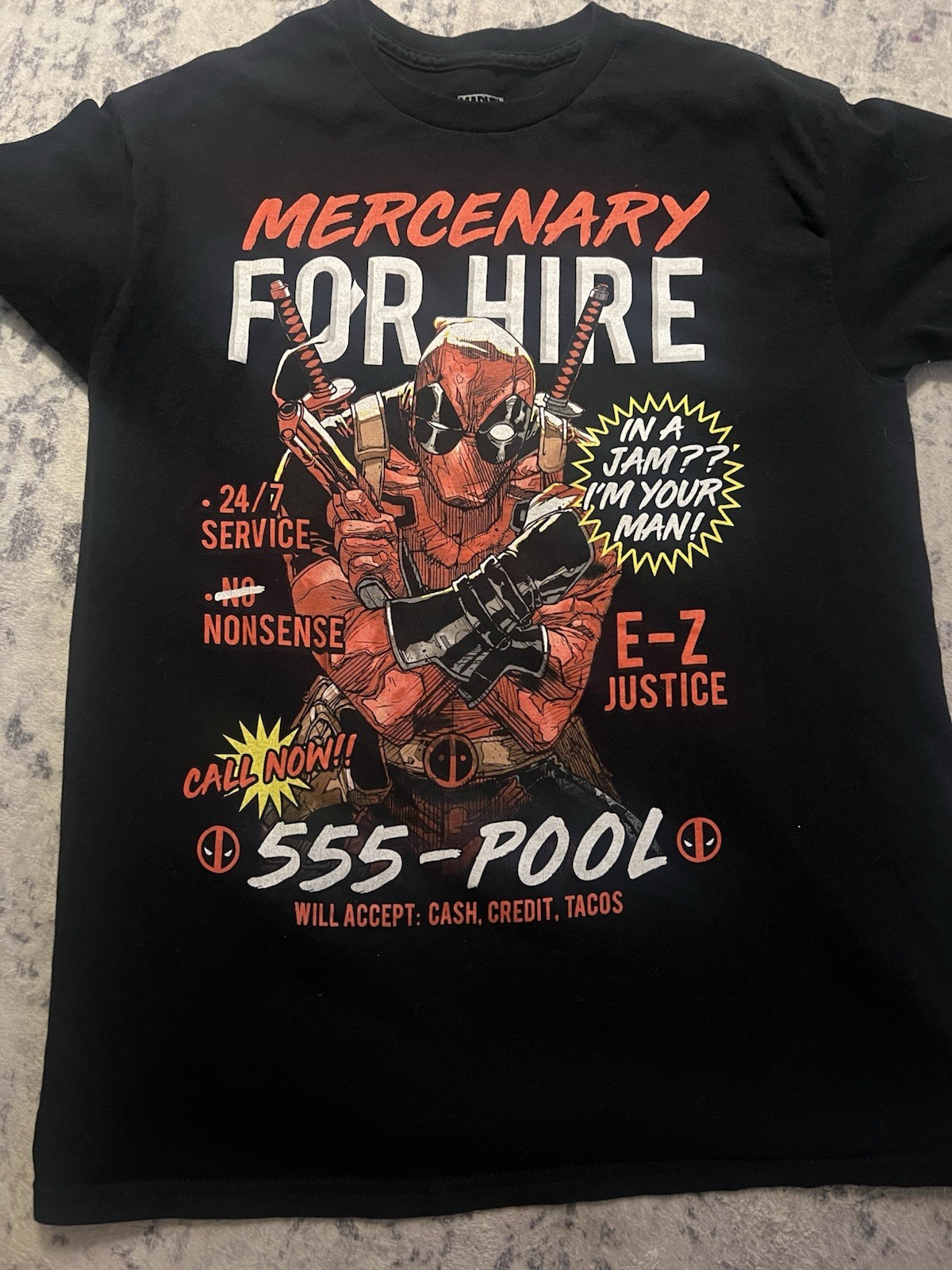 Marvel Men&rsquo;s Deadpool Mercenary For Hire Black Crew Neck Graphic Tee