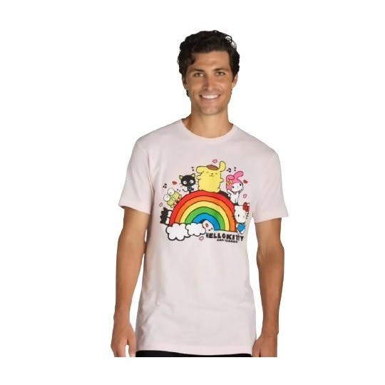 Hello Kitty and Friends Rainbow Graphic T-Shirt Pink Bioworld Mens Medium NEW
