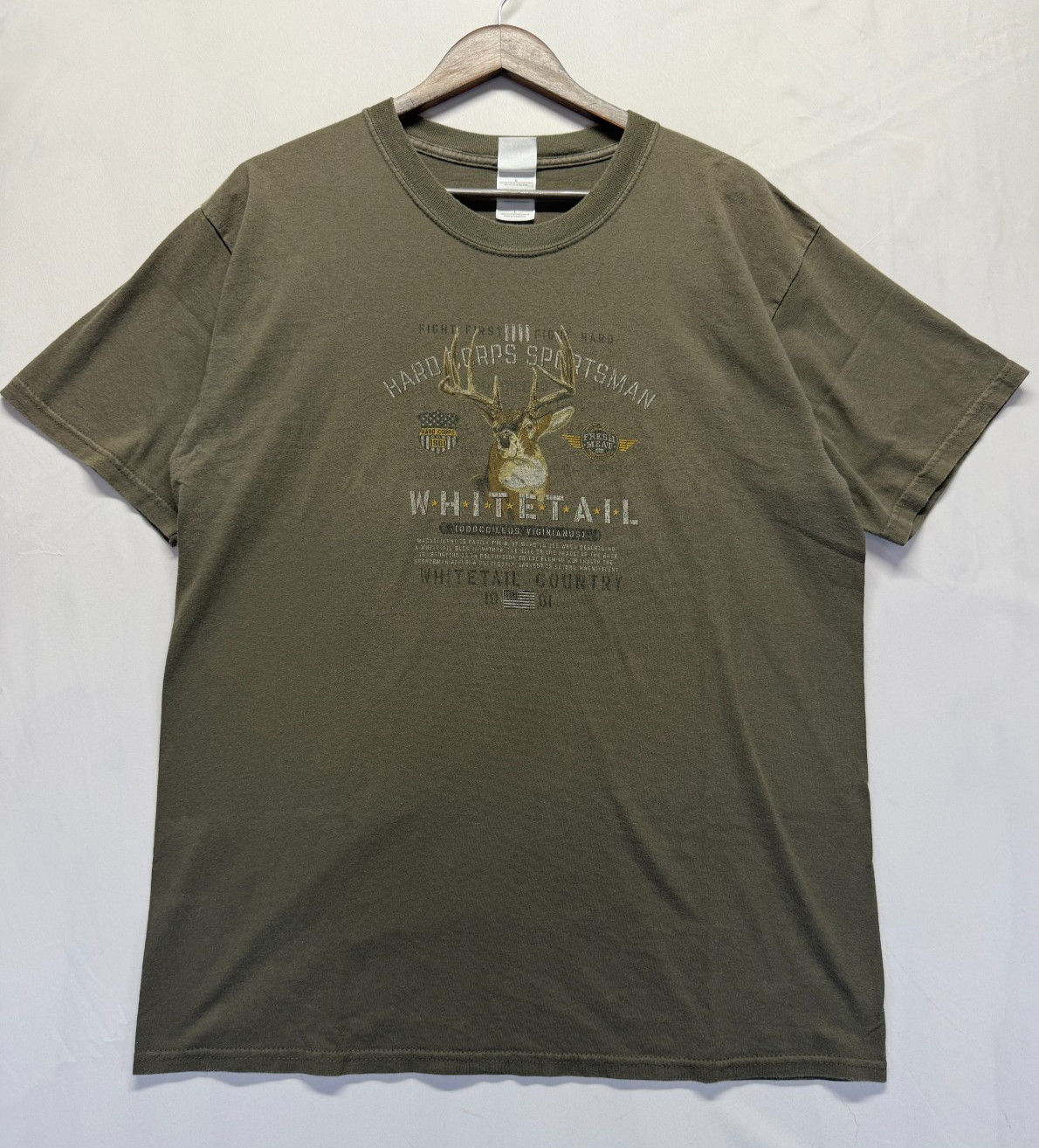 Gildan Ultra Cotton T Shirt Mens Large Olive Whitetail Buck Hard Corps Sportsman