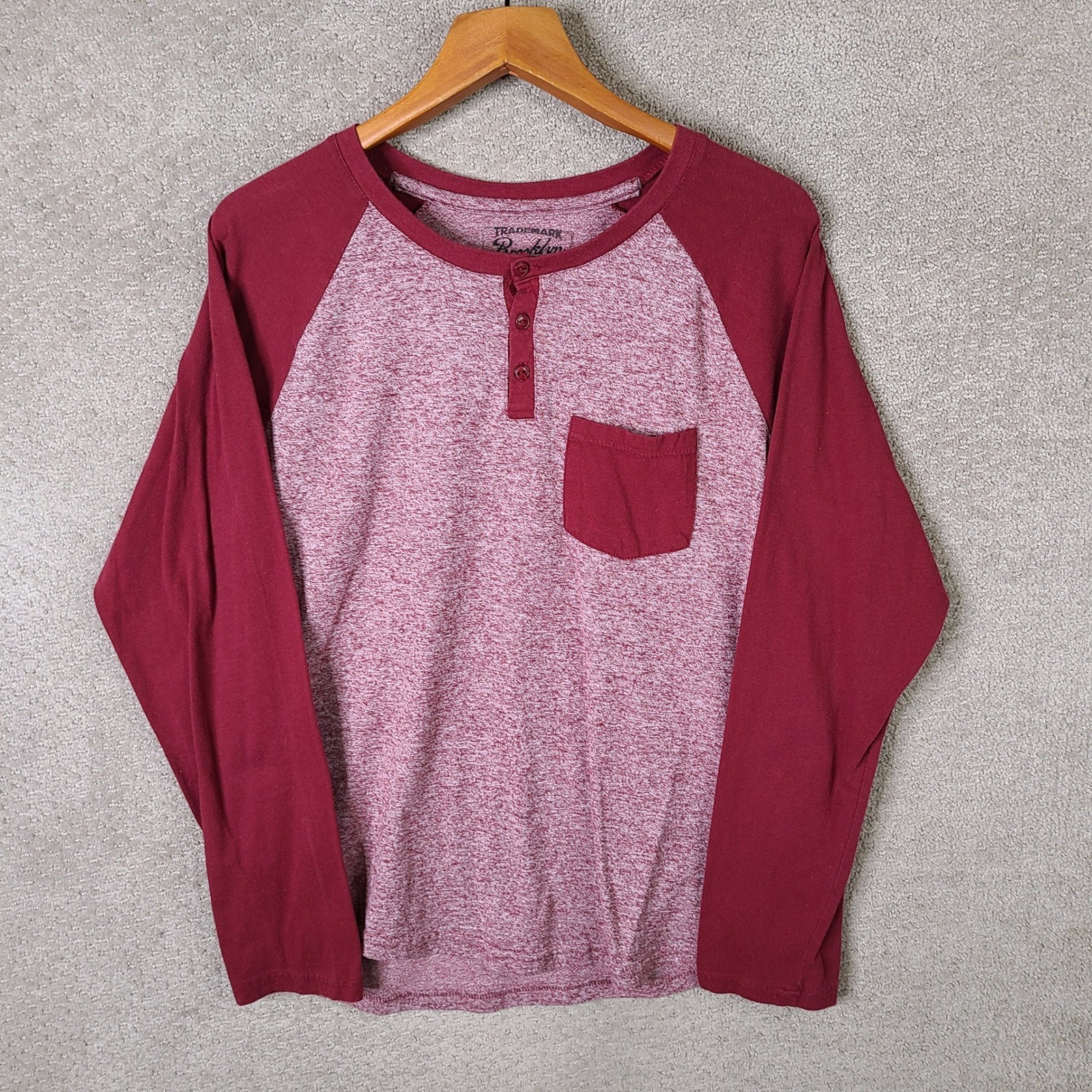 Brooklyn Cloth Shirt Mens XL Red Marled Henley Raglan Cotton Blend Long Sleeve