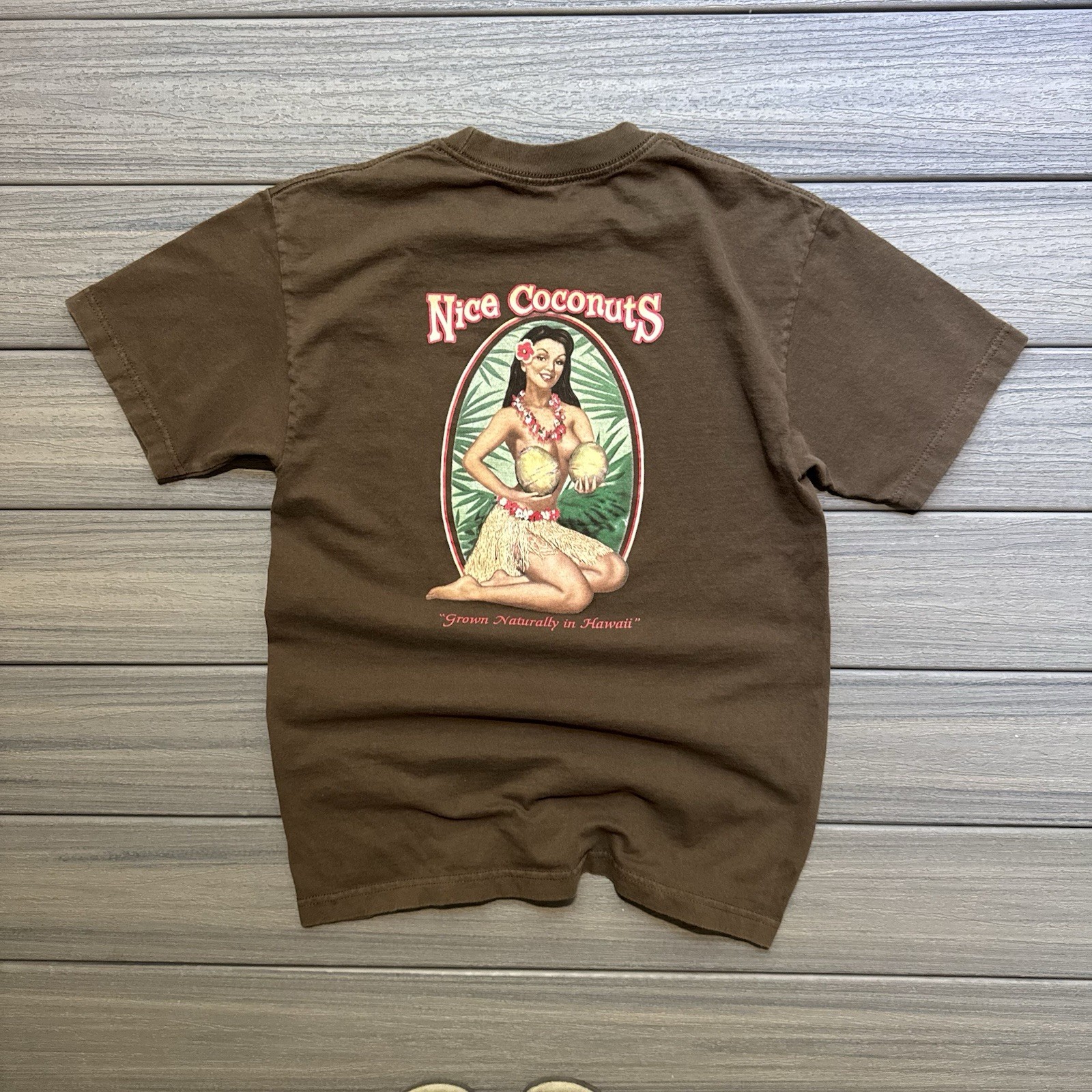 Nice Coconuts Shirt Mens Medium Brown Hawaii Maui Kauai Hula Girl Graphic Tee