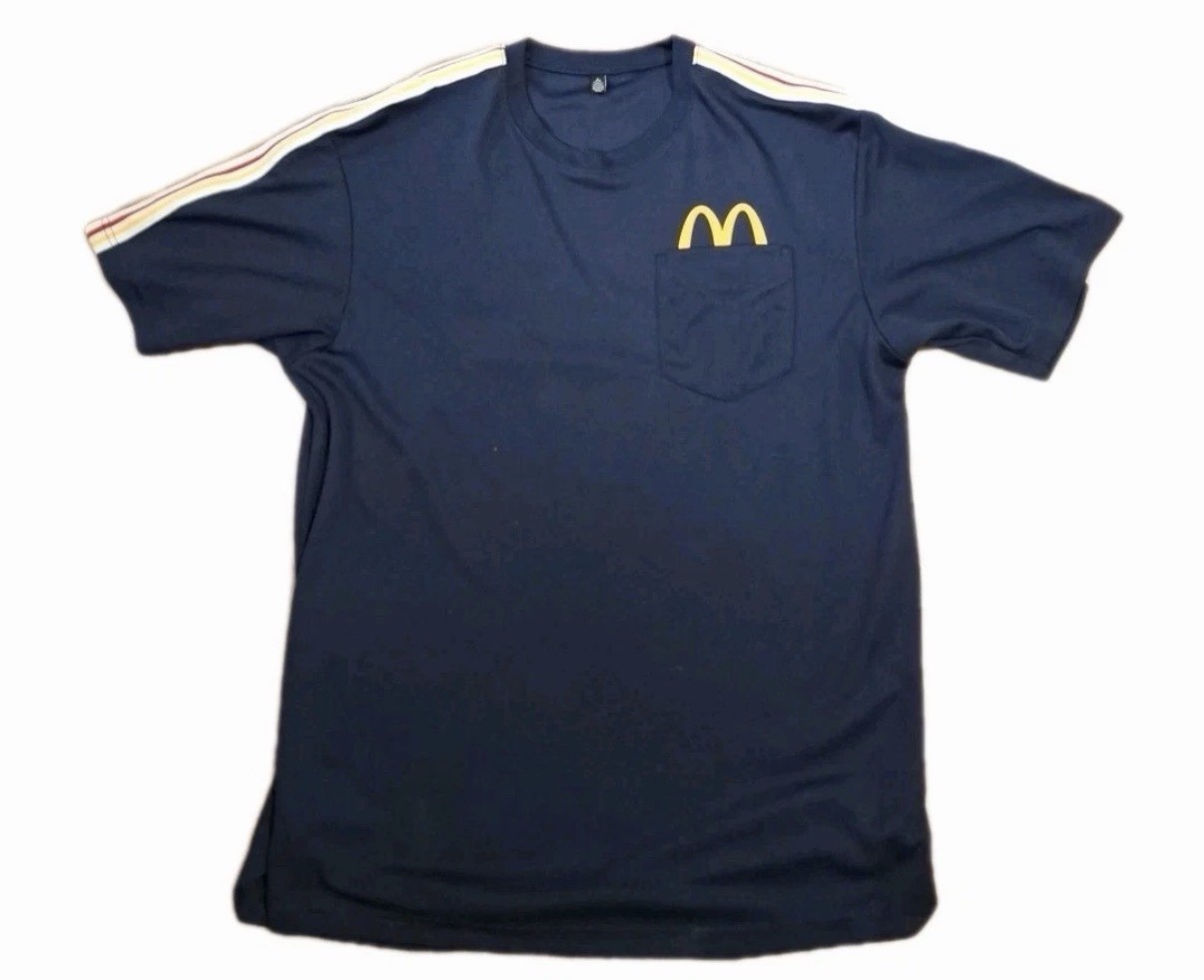 McDonalds Employee Uniform Shirt Mens Large Navy Blue Mesh Pocket Tee Stripe