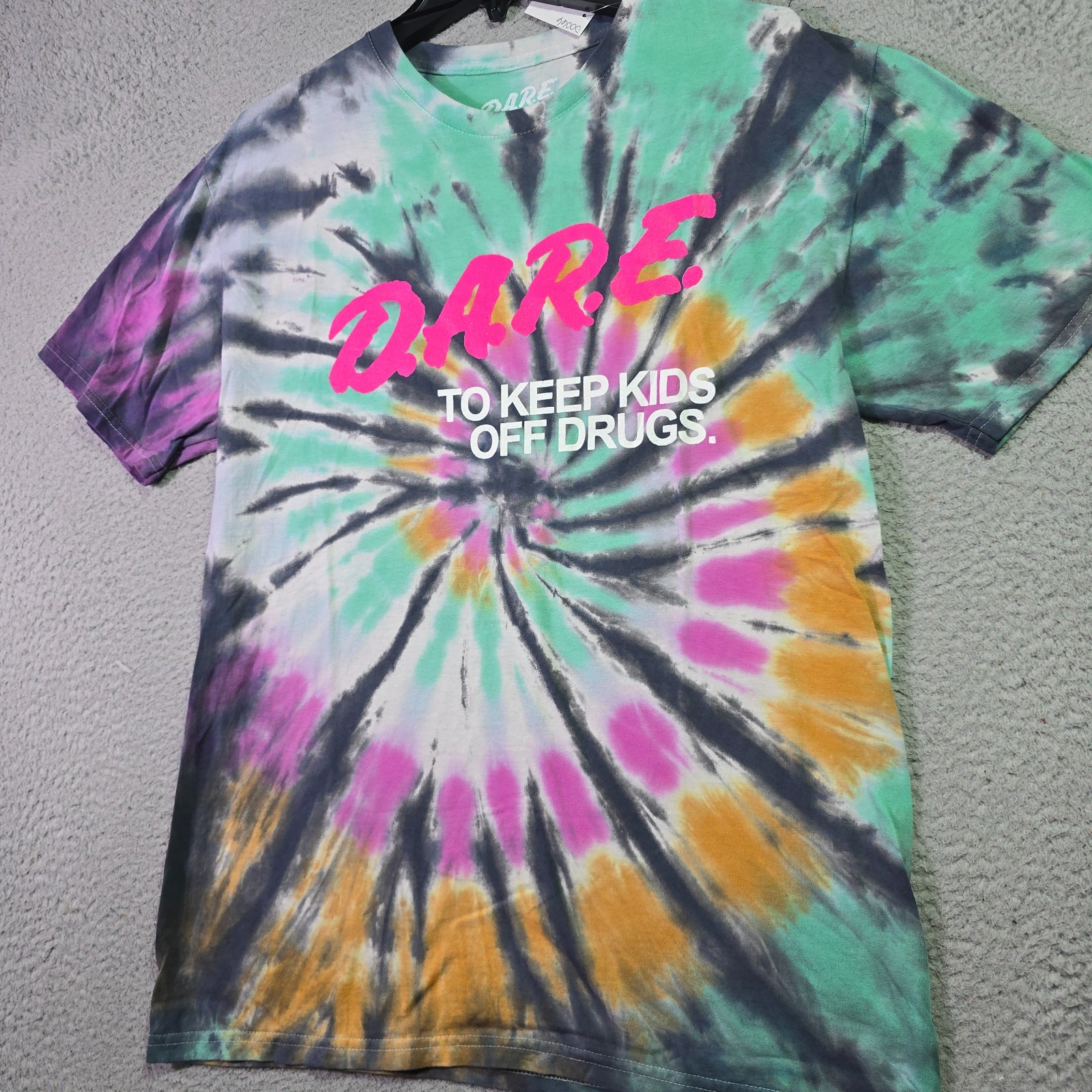 DARE Shirt Tie Dye Mens Large Black Faded Keep Kids Off Drugs Casual Retro NWT