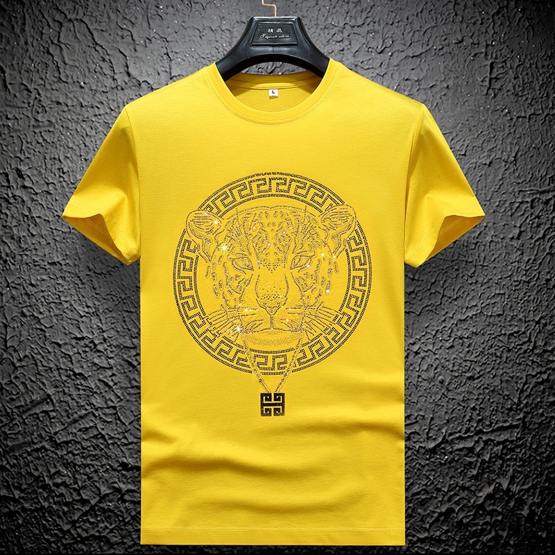 Men Fashion Trend Leopard Diamond Rhinestone Streetwear Summer Luxury T-Shirt