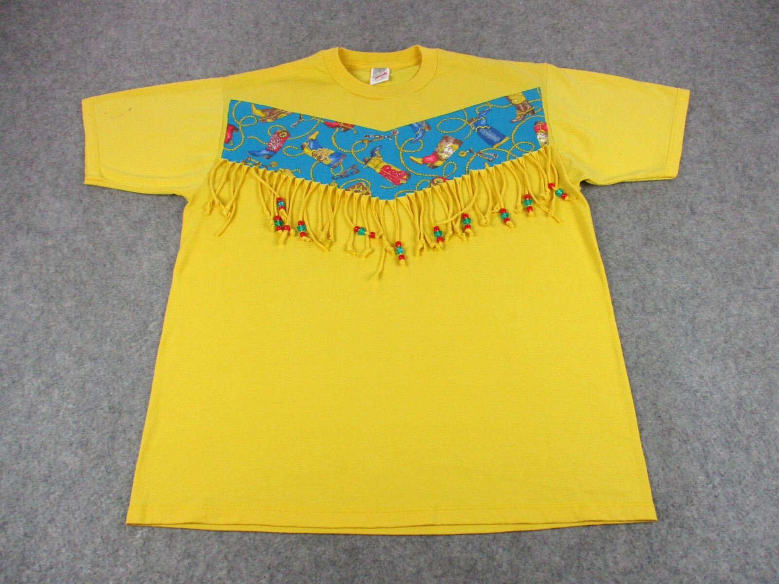 VINTAGE Cowboy Shirt Mens Extra Large Yellow Blue Jerzees Fringe Western Boots