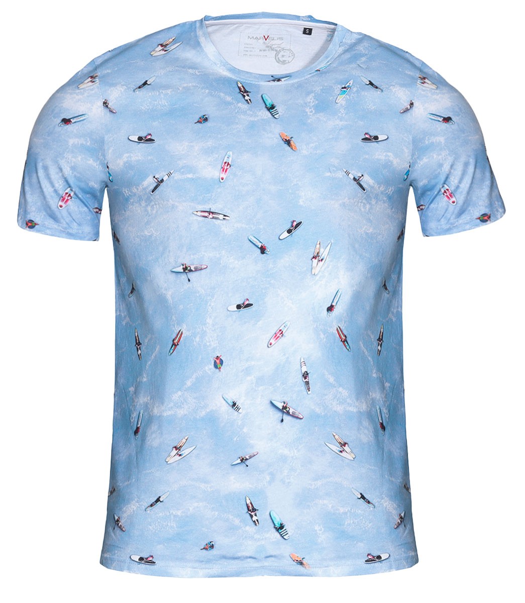 Marvelis men&rsquo;s T-shirt casual fit round neck pattern light blue