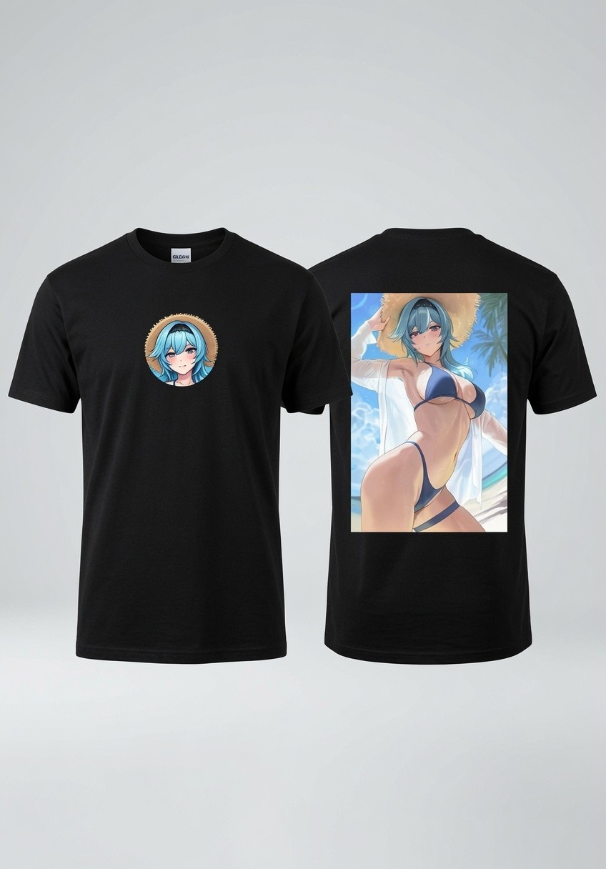 Blue Hair Straw Hat Bikini Anime Girl Black Gildan T-Shirt